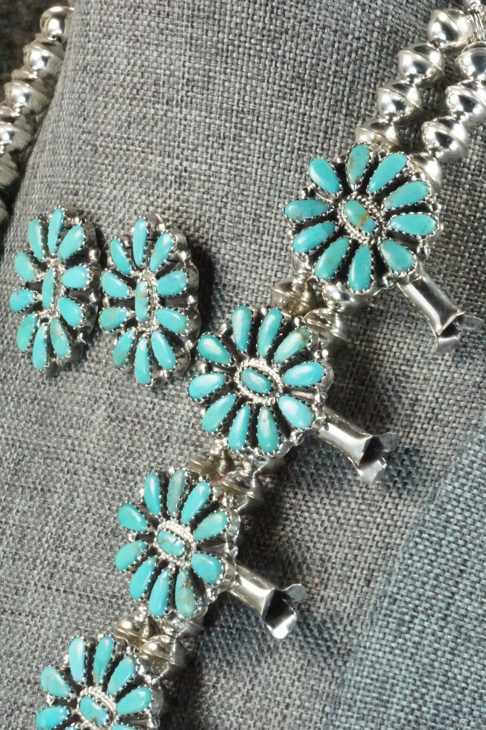 Turquoise & Sterling Silver Squash Blossom Necklace and Earrings - Zeita Begay