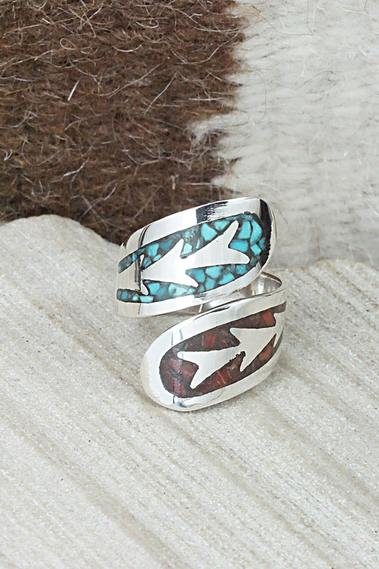 Turquoise, Coral & Sterling Silver Ring - Jolene Yazzie - Size 7.5