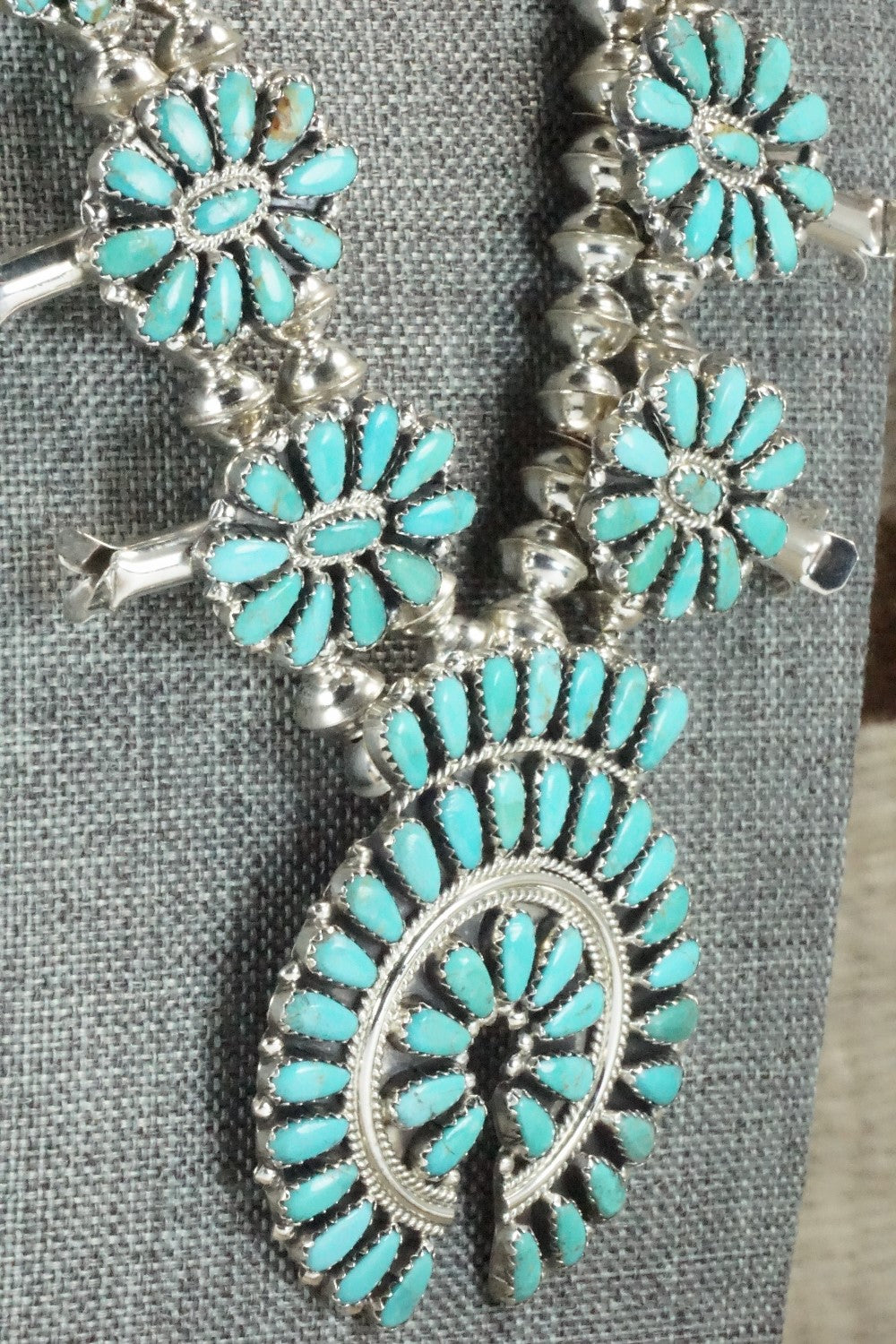 Turquoise & Sterling Silver Squash Blossom Necklace and Earrings - Zeita Begay