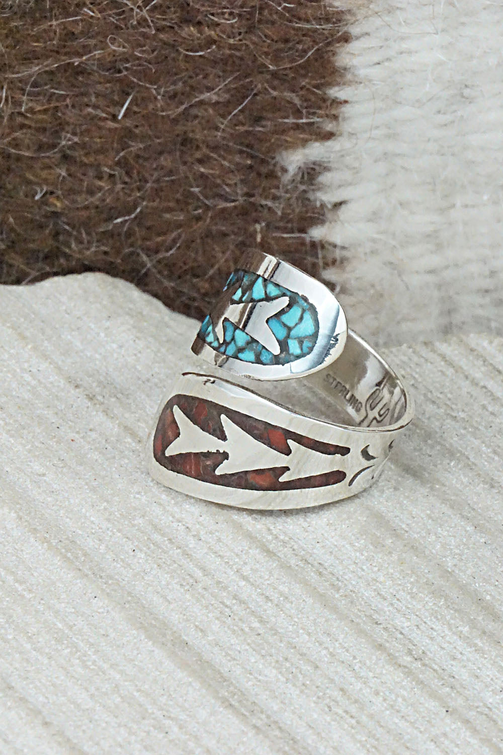 Turquoise, Coral & Sterling Silver Ring - Jolene Yazzie - Size 7.5