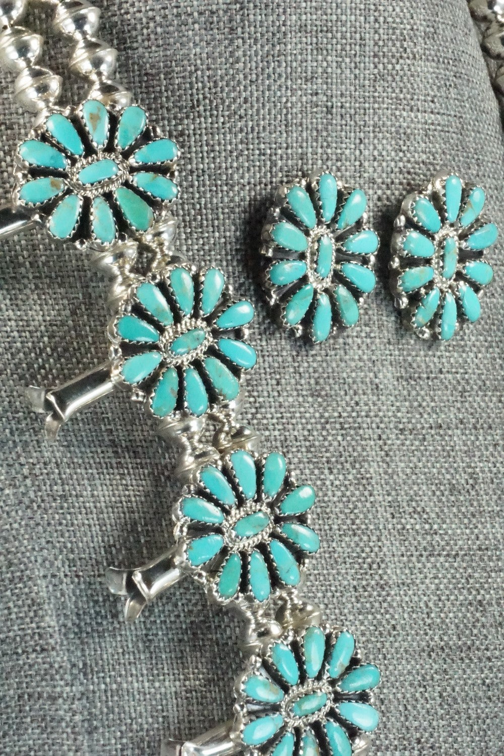 Turquoise & Sterling Silver Squash Blossom Necklace and Earrings - Zeita Begay