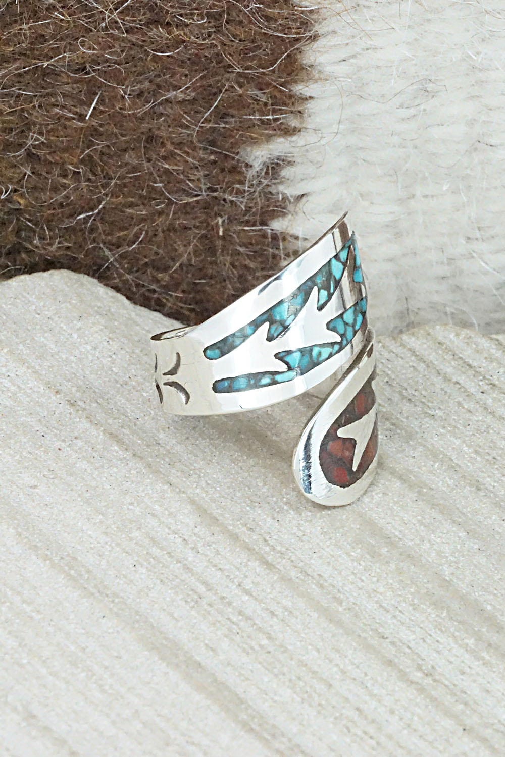 Turquoise, Coral & Sterling Silver Ring - Jolene Yazzie - Size 7.5