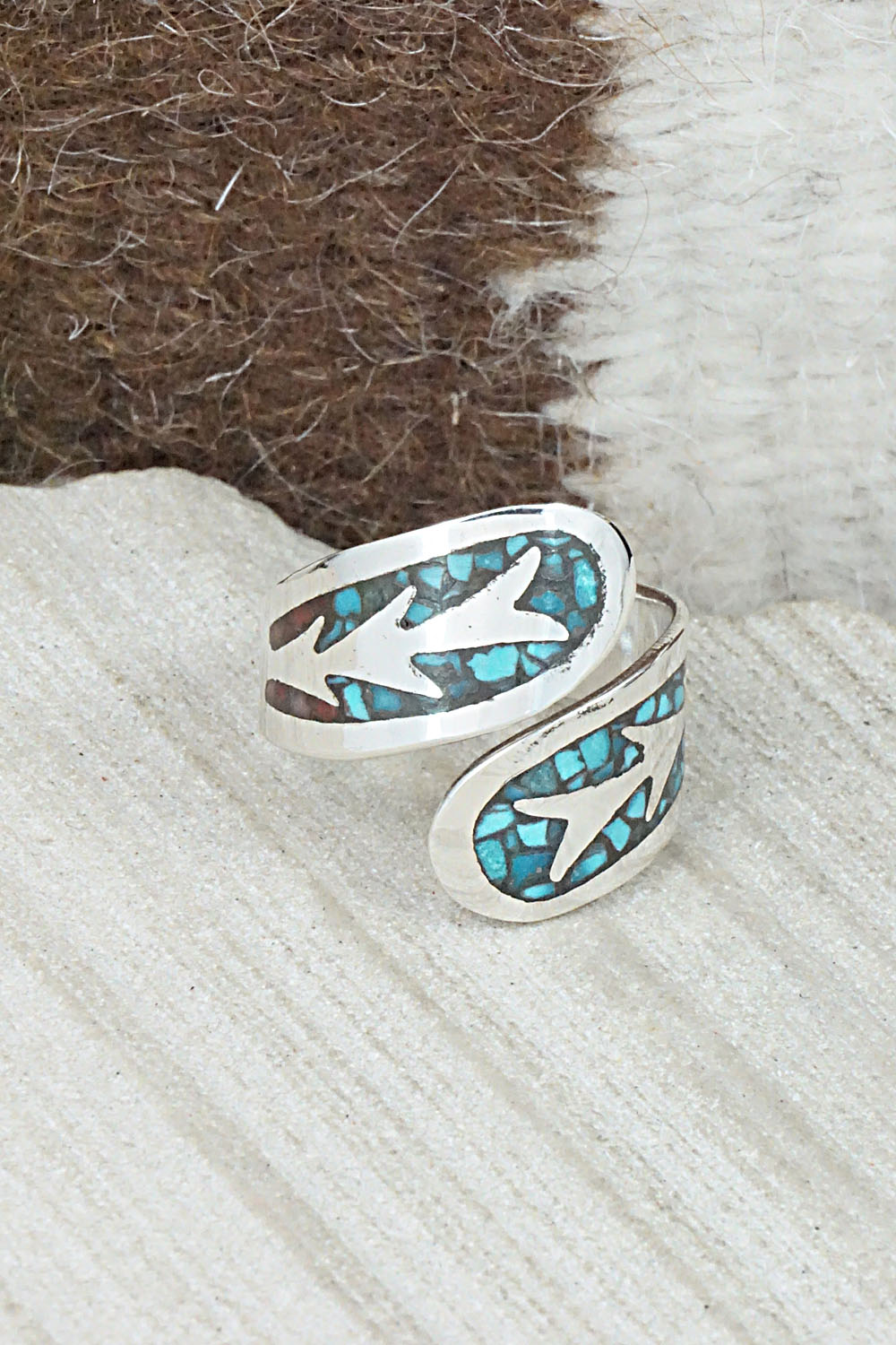 Turquoise, Coral & Sterling Silver Ring - Jolene Yazzie - Size 10.5