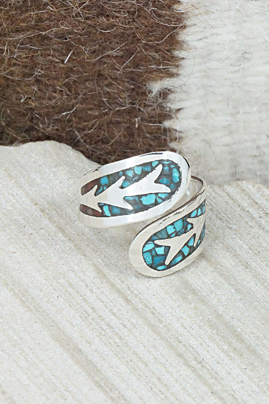 Turquoise, Coral & Sterling Silver Ring - Jolene Yazzie - Size 10.5
