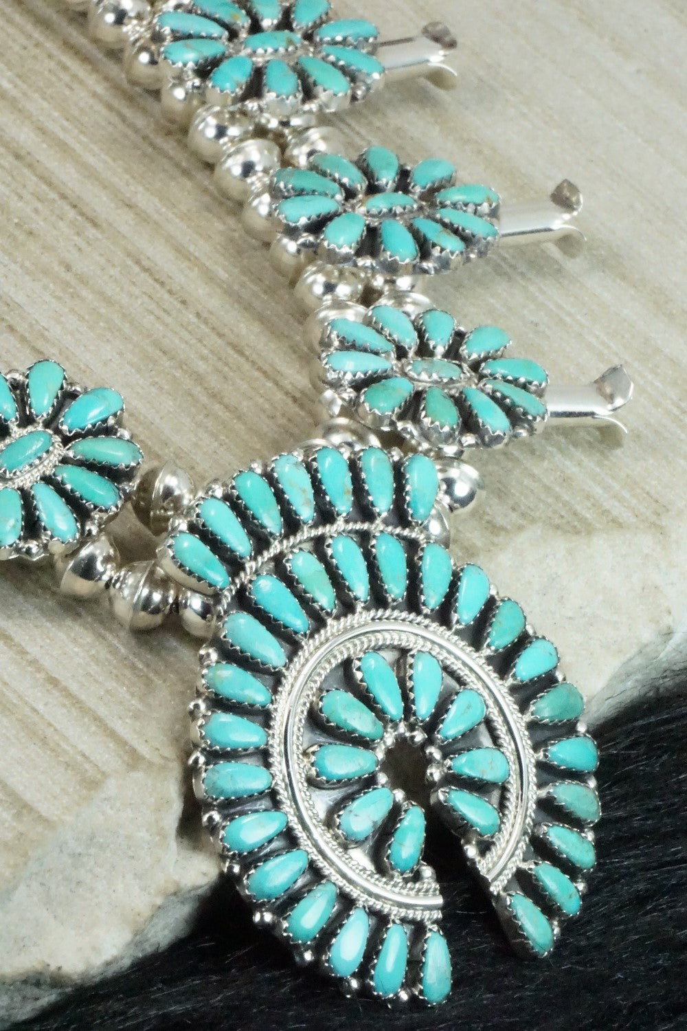 Turquoise & Sterling Silver Squash Blossom Necklace and Earrings - Zeita Begay