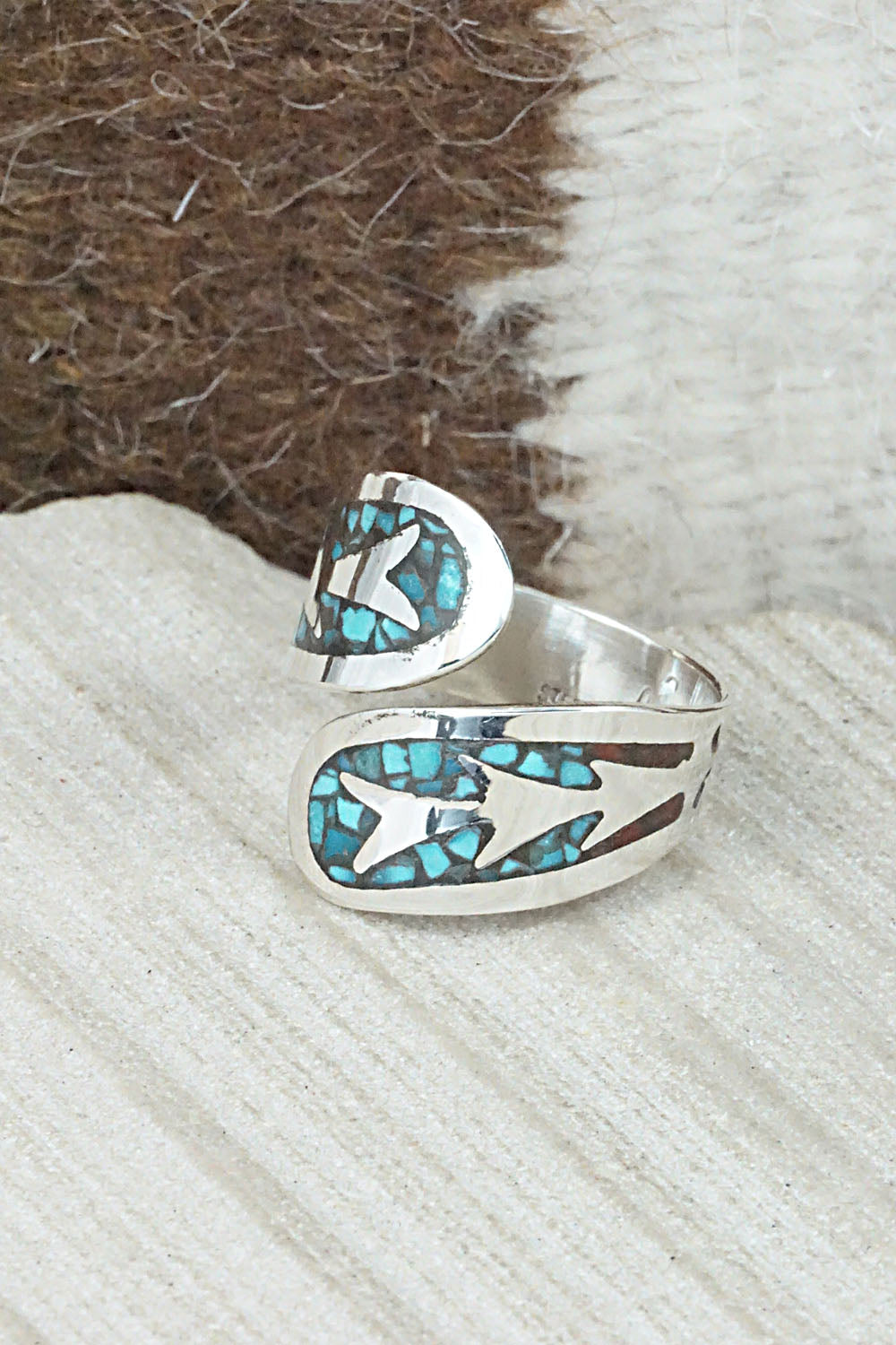 Turquoise, Coral & Sterling Silver Ring - Jolene Yazzie - Size 10.5