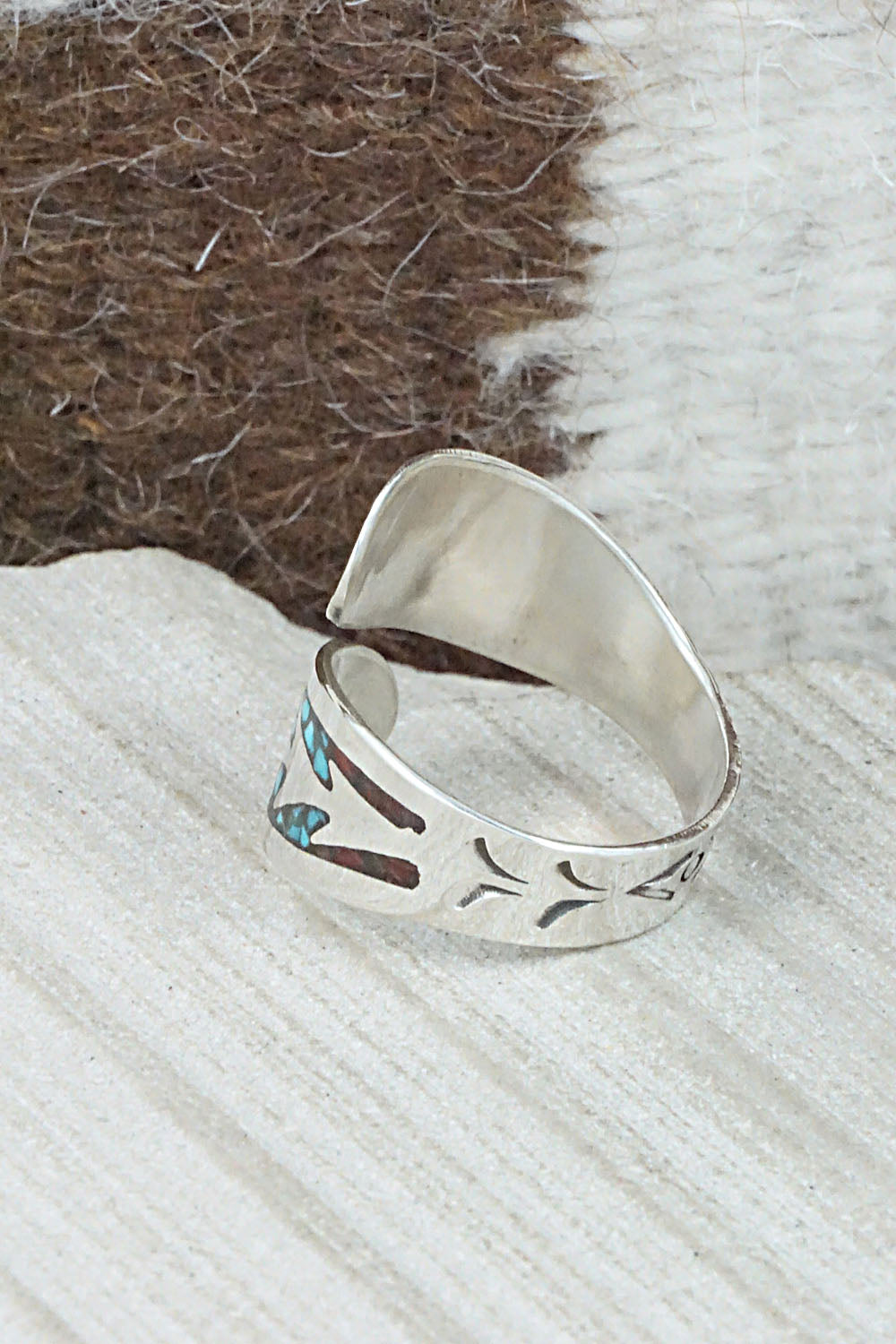 Turquoise, Coral & Sterling Silver Ring - Jolene Yazzie - Size 10.5