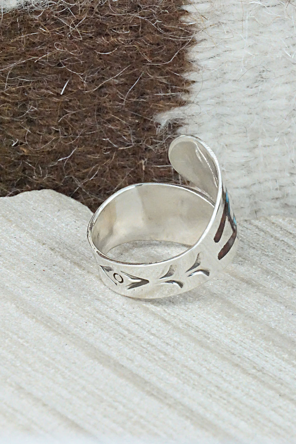 Turquoise, Coral & Sterling Silver Ring - Jolene Yazzie - Size 10.5