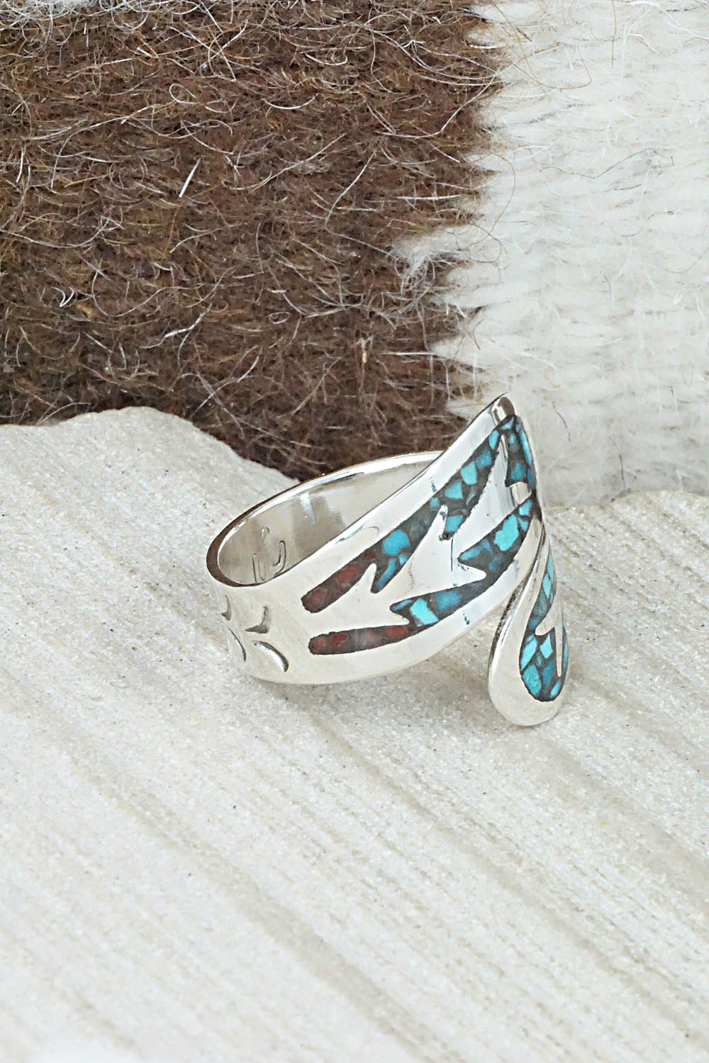 Turquoise, Coral & Sterling Silver Ring - Jolene Yazzie - Size 10.5