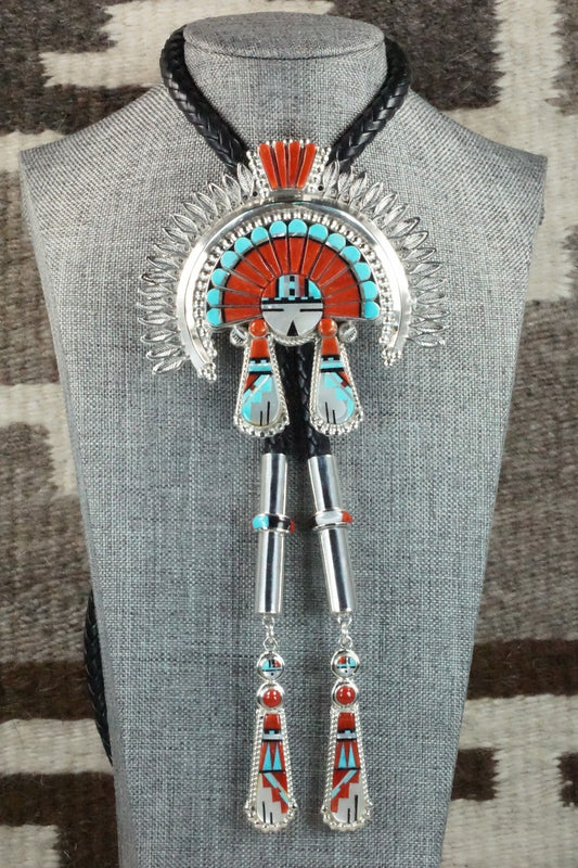 Turquoise, Coral & Sterling Silver Inlay Bolo Tie - Patty Edaakie