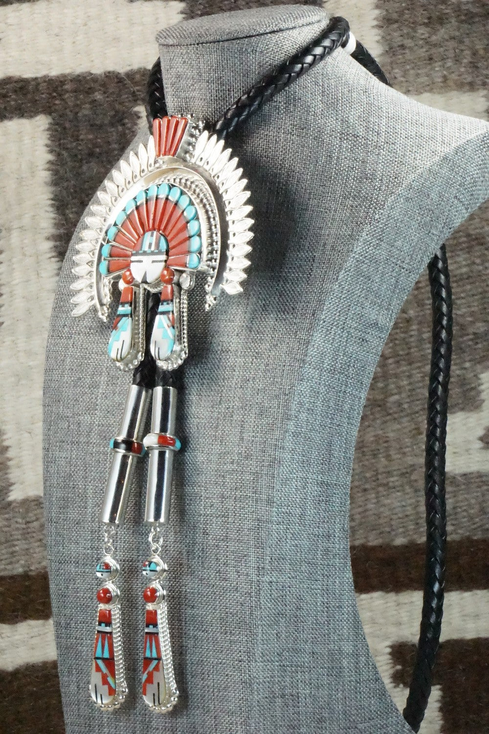 Turquoise, Coral & Sterling Silver Inlay Bolo Tie - Patty Edaakie