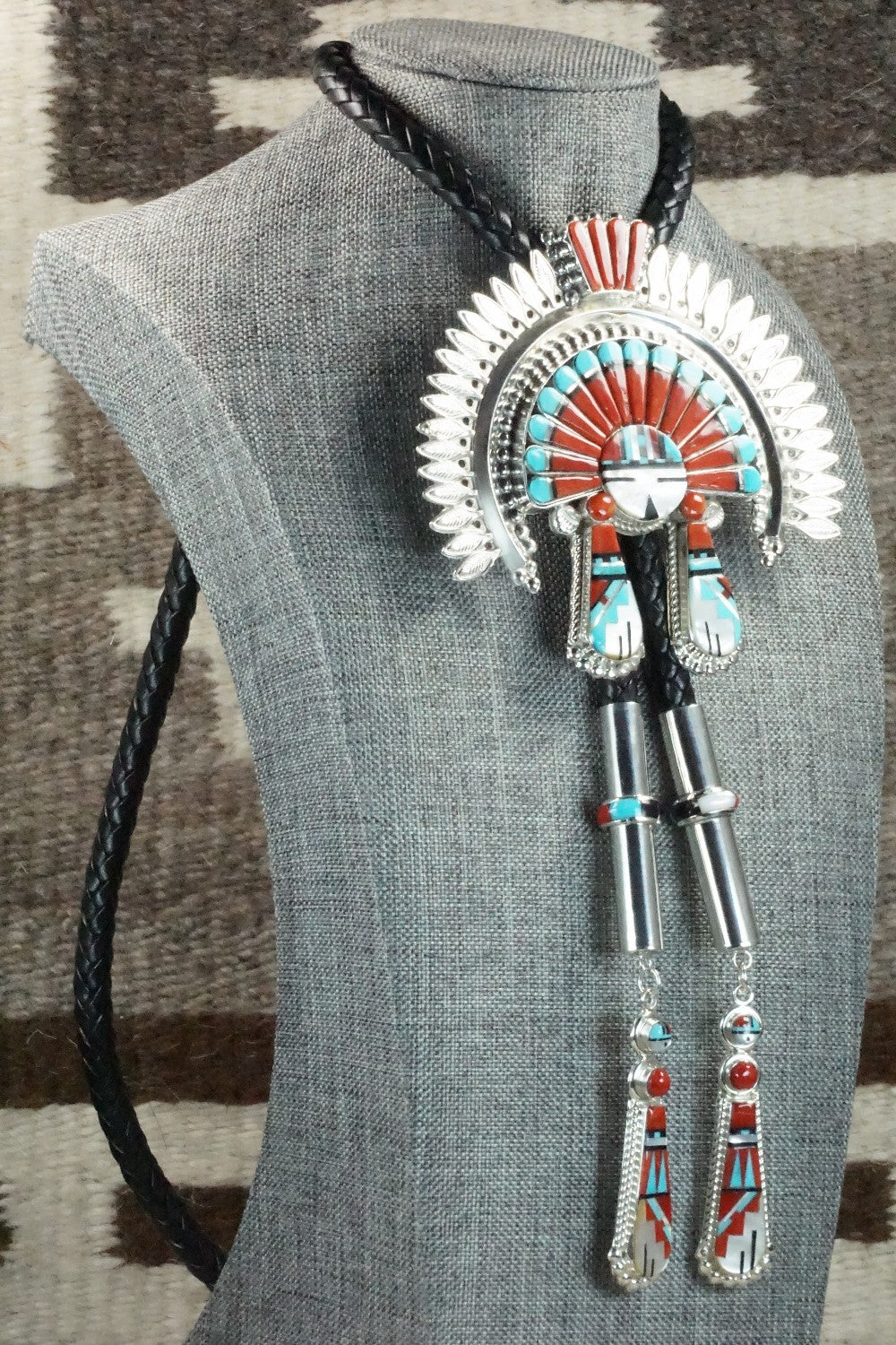 Turquoise, Coral & Sterling Silver Inlay Bolo Tie - Patty Edaakie