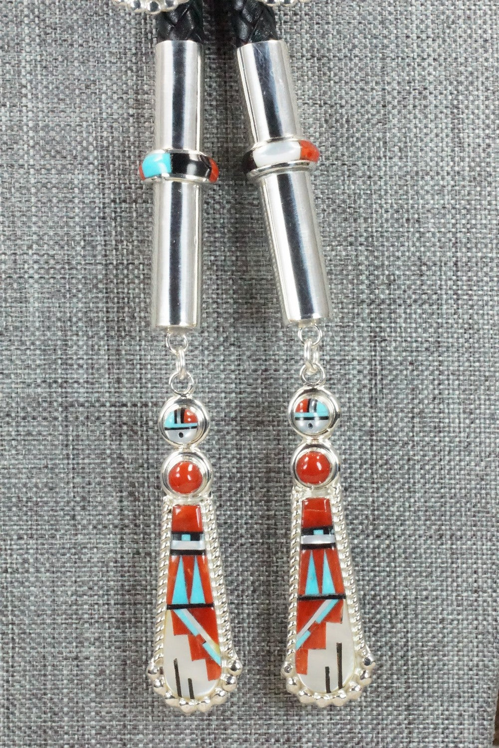 Turquoise, Coral & Sterling Silver Inlay Bolo Tie - Patty Edaakie