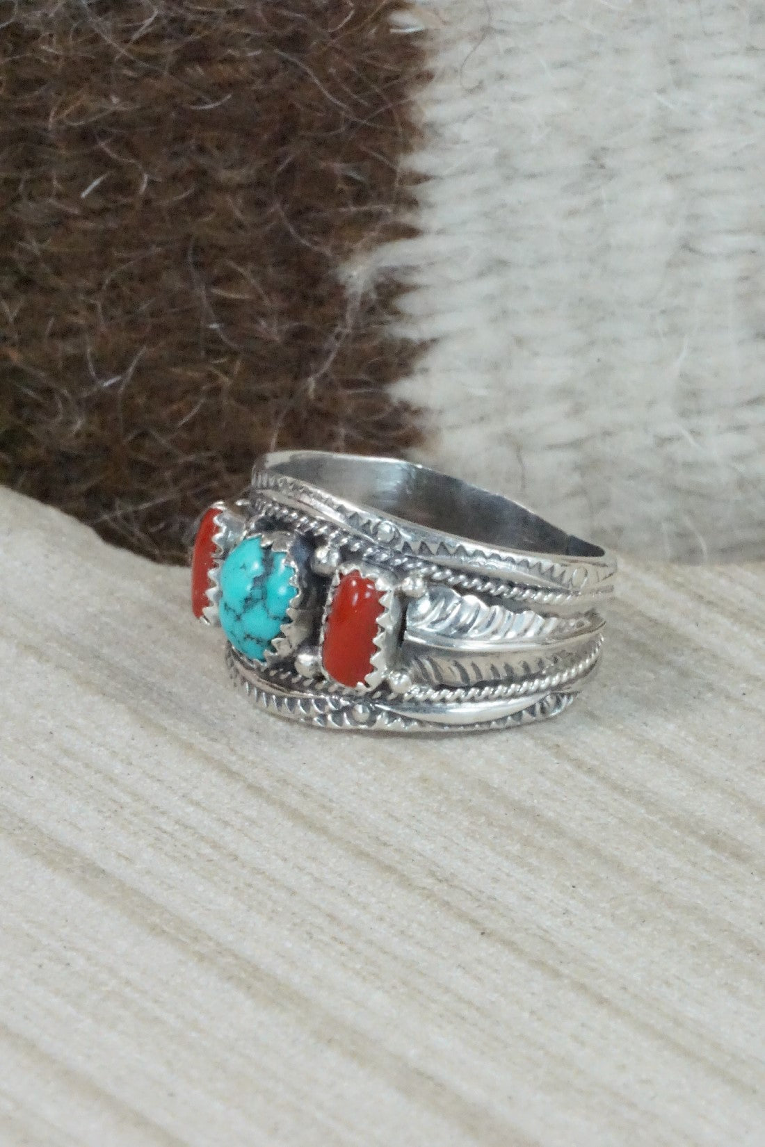 Turquoise, Coral & Sterling Silver Ring - Betty Begay - Size 11