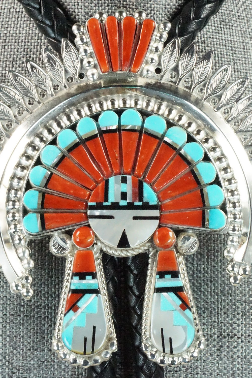 Turquoise, Coral & Sterling Silver Inlay Bolo Tie - Patty Edaakie