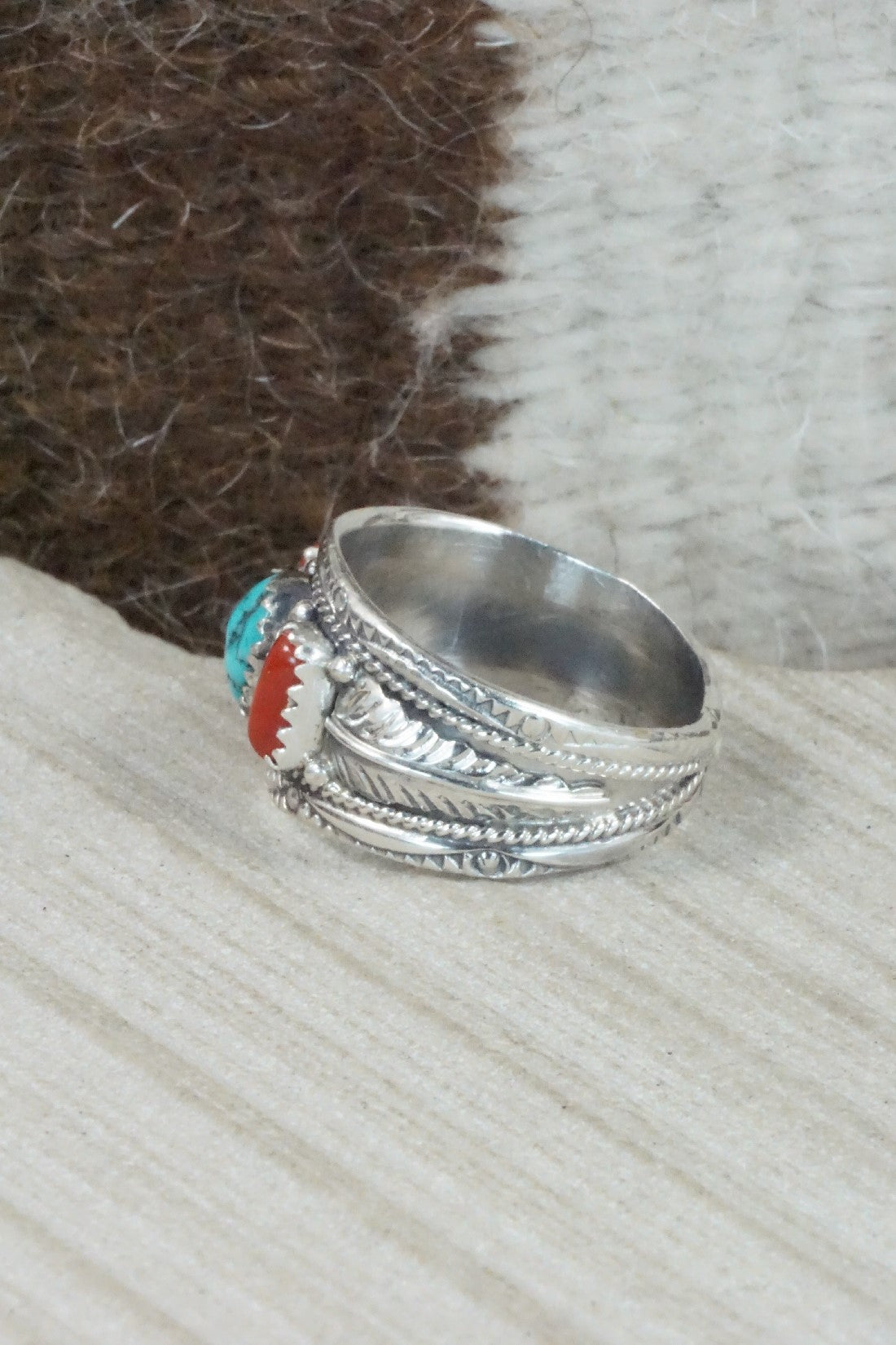 Turquoise, Coral & Sterling Silver Ring - Betty Begay - Size 11