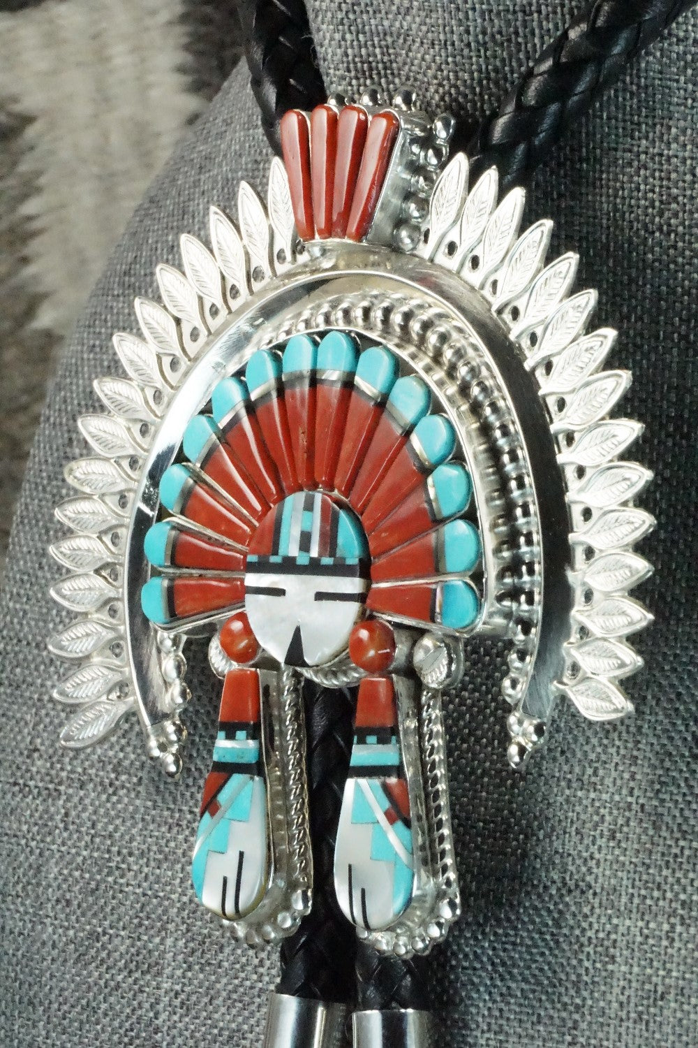 Turquoise, Coral & Sterling Silver Inlay Bolo Tie - Patty Edaakie