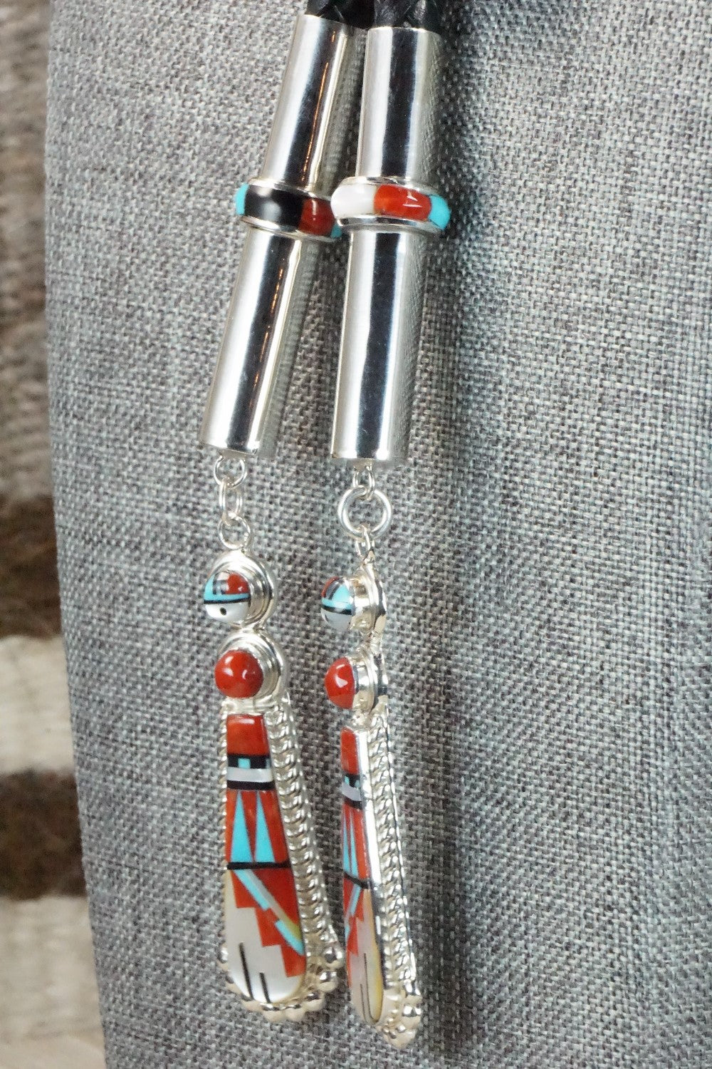 Turquoise, Coral & Sterling Silver Inlay Bolo Tie - Patty Edaakie
