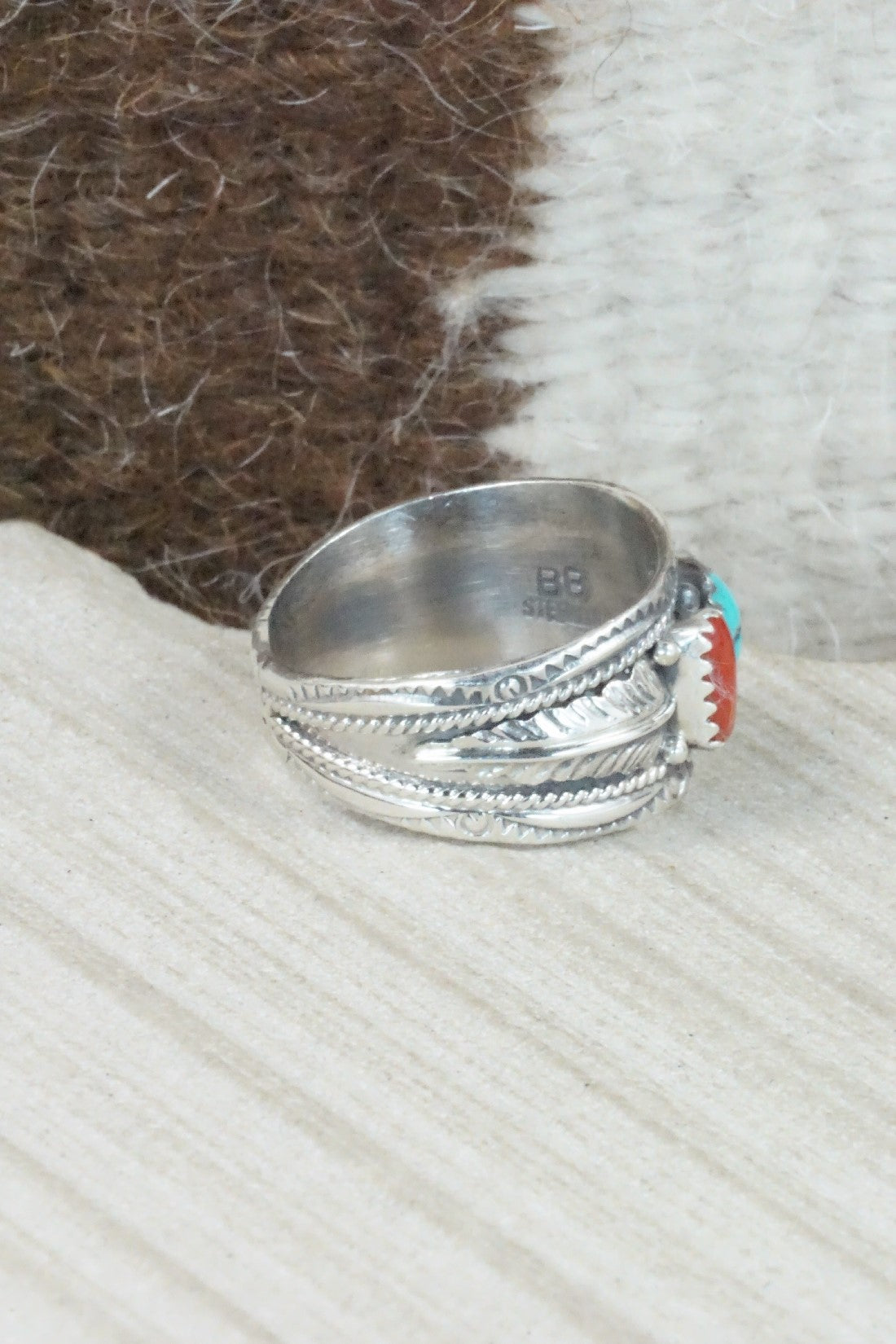 Turquoise, Coral & Sterling Silver Ring - Betty Begay - Size 11