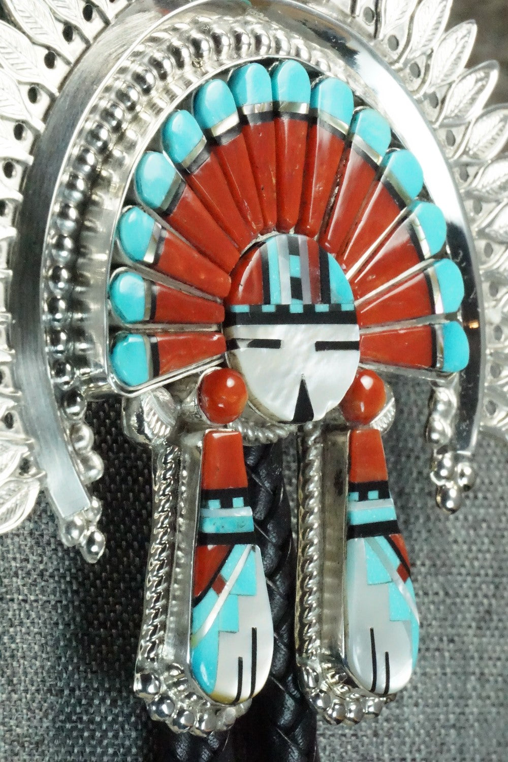 Turquoise, Coral & Sterling Silver Inlay Bolo Tie - Patty Edaakie