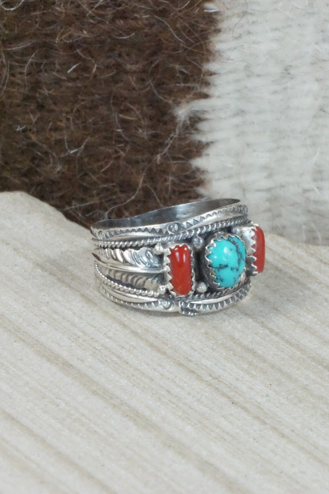 Turquoise, Coral & Sterling Silver Ring - Betty Begay - Size 11