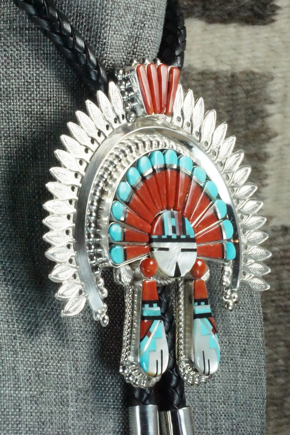 Turquoise, Coral & Sterling Silver Inlay Bolo Tie - Patty Edaakie