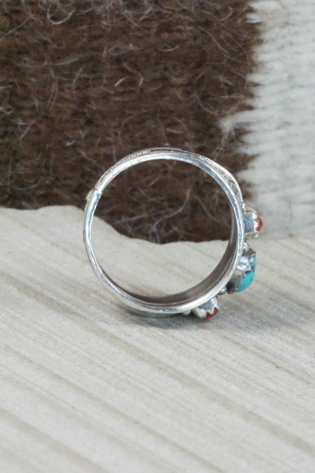 Turquoise, Coral & Sterling Silver Ring - Betty Begay - Size 11