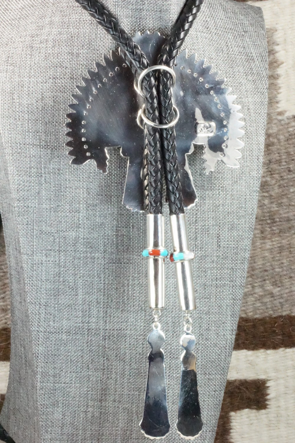 Turquoise, Coral & Sterling Silver Inlay Bolo Tie - Patty Edaakie