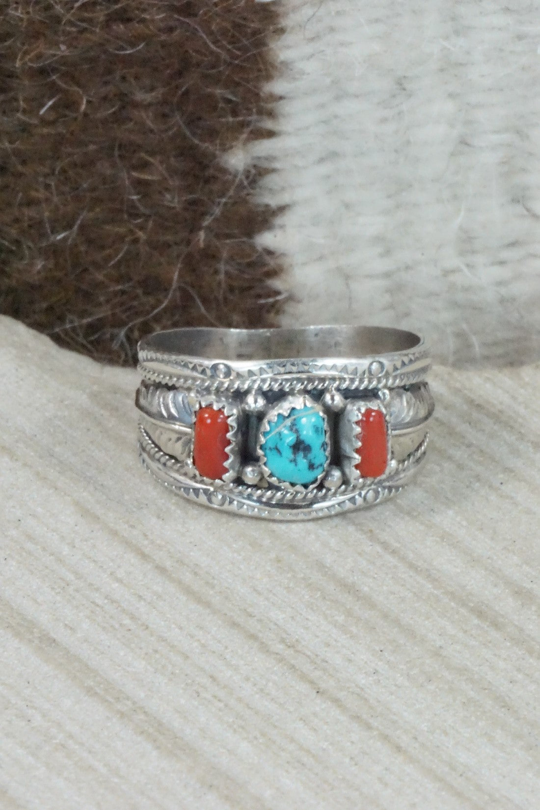 Turquoise, Coral & Sterling Silver Ring - Betty Begay - Size 14.25