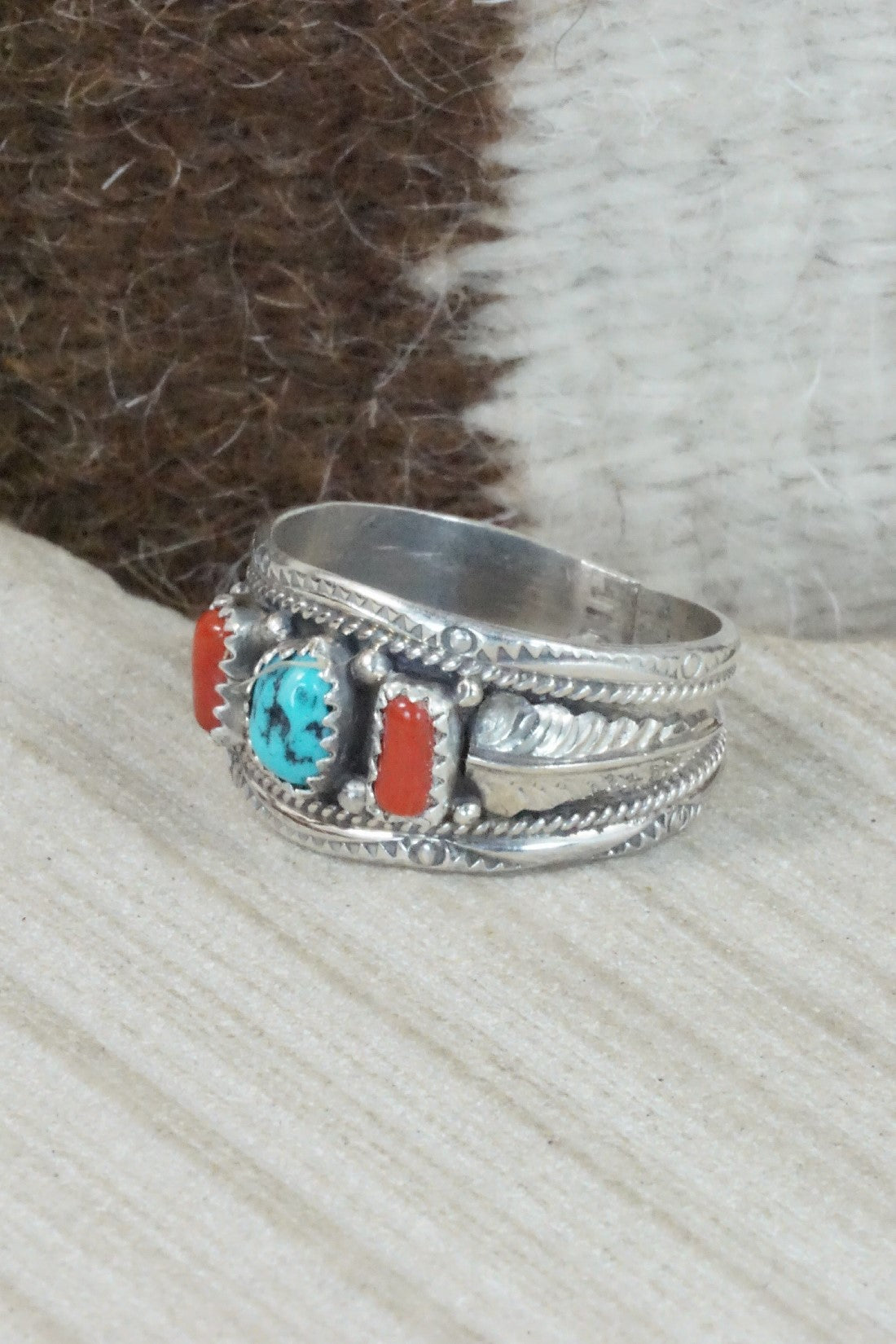 Turquoise, Coral & Sterling Silver Ring - Betty Begay - Size 14.25