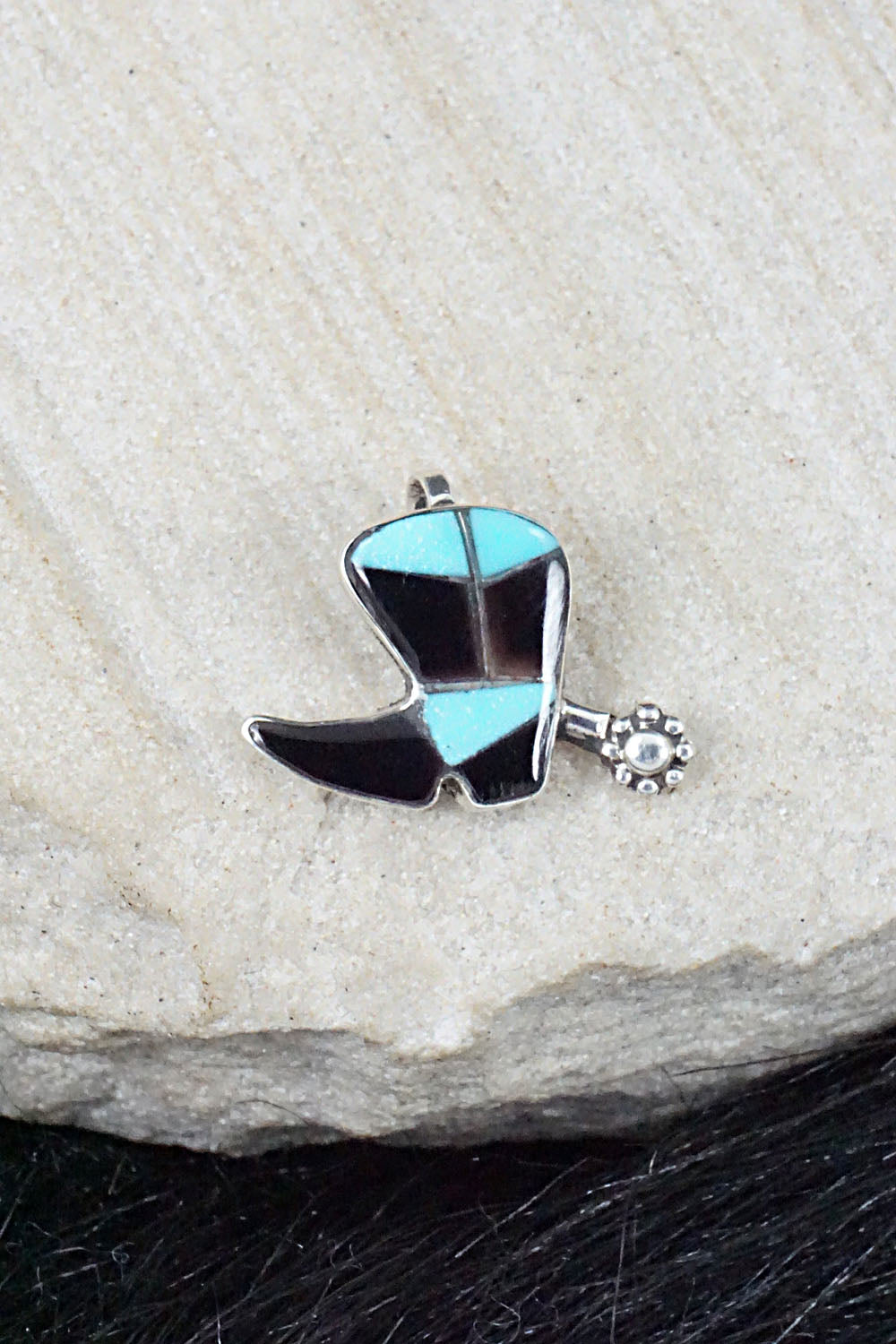 Turquoise, Onyx & Sterling Silver Pendant - Deanna Edaakie