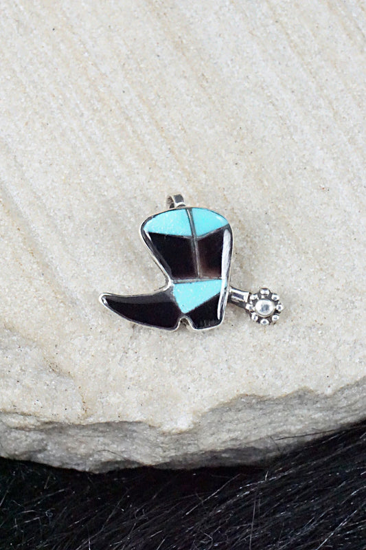 Turquoise, Onyx & Sterling Silver Pendant - Deanna Edaakie