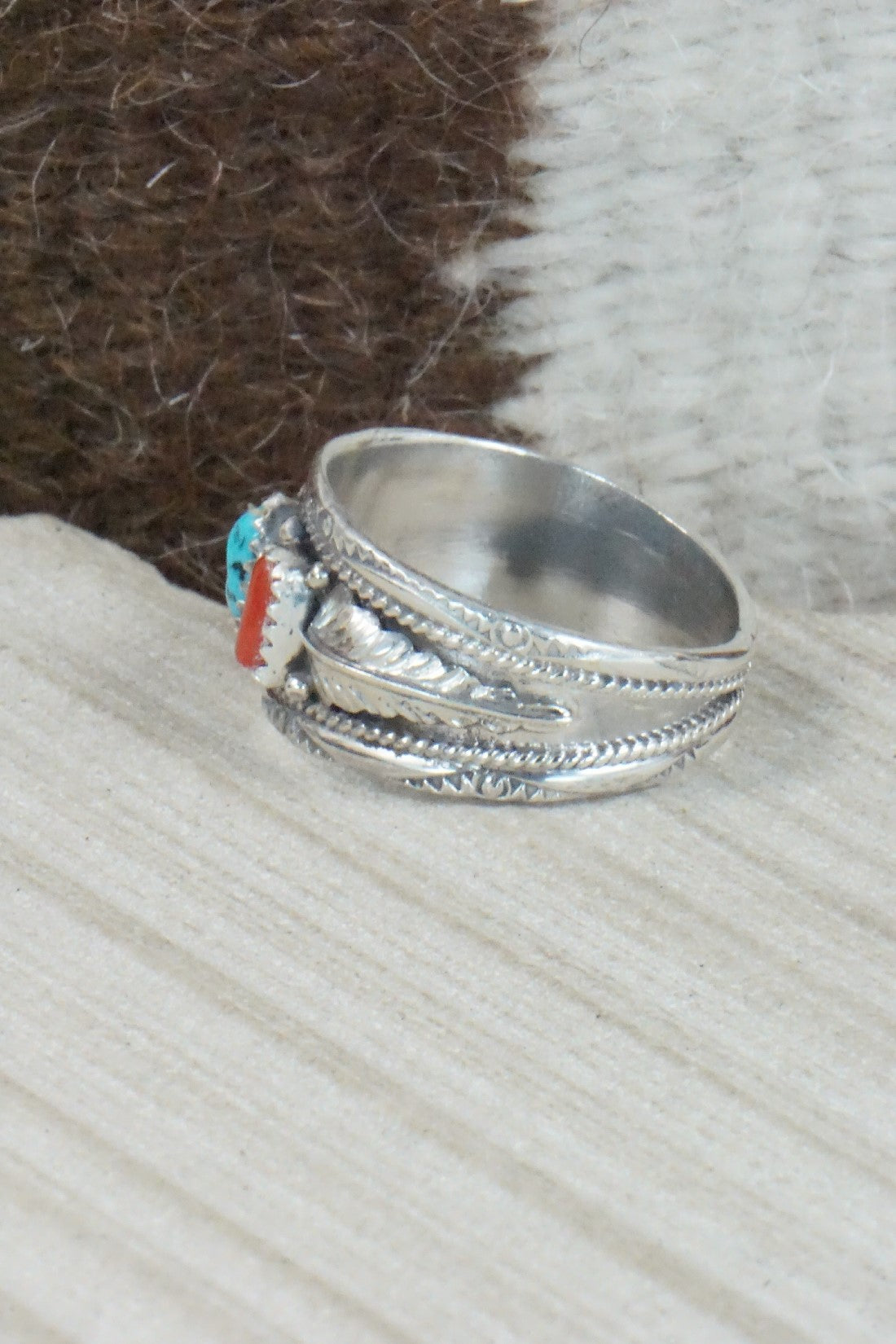 Turquoise, Coral & Sterling Silver Ring - Betty Begay - Size 14.25