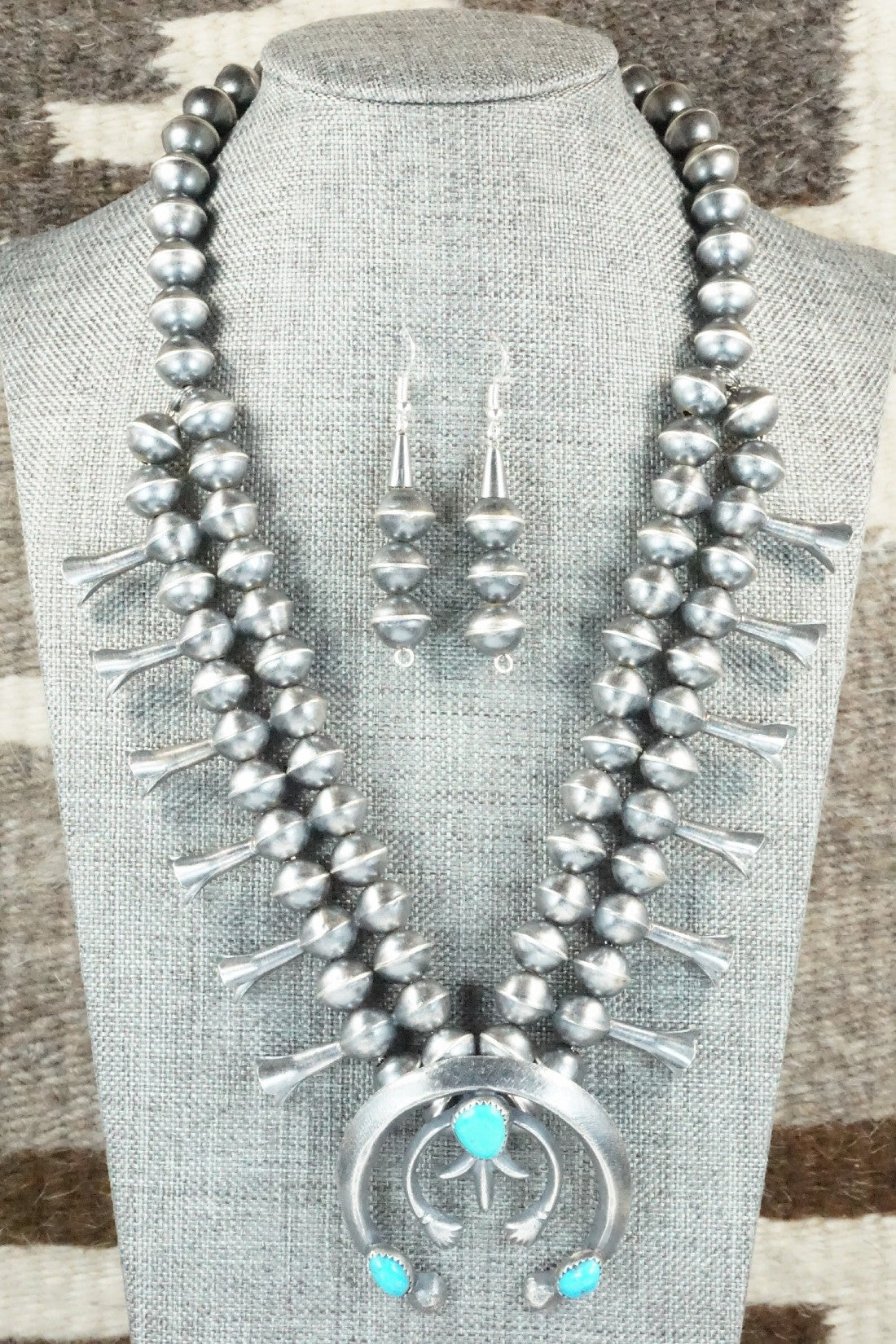 Turquoise & Sterling Silver Squash Blossom Necklace and Earrings - Gilbert Martin