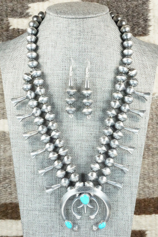 Turquoise & Sterling Silver Squash Blossom Necklace and Earrings - Gilbert Martin