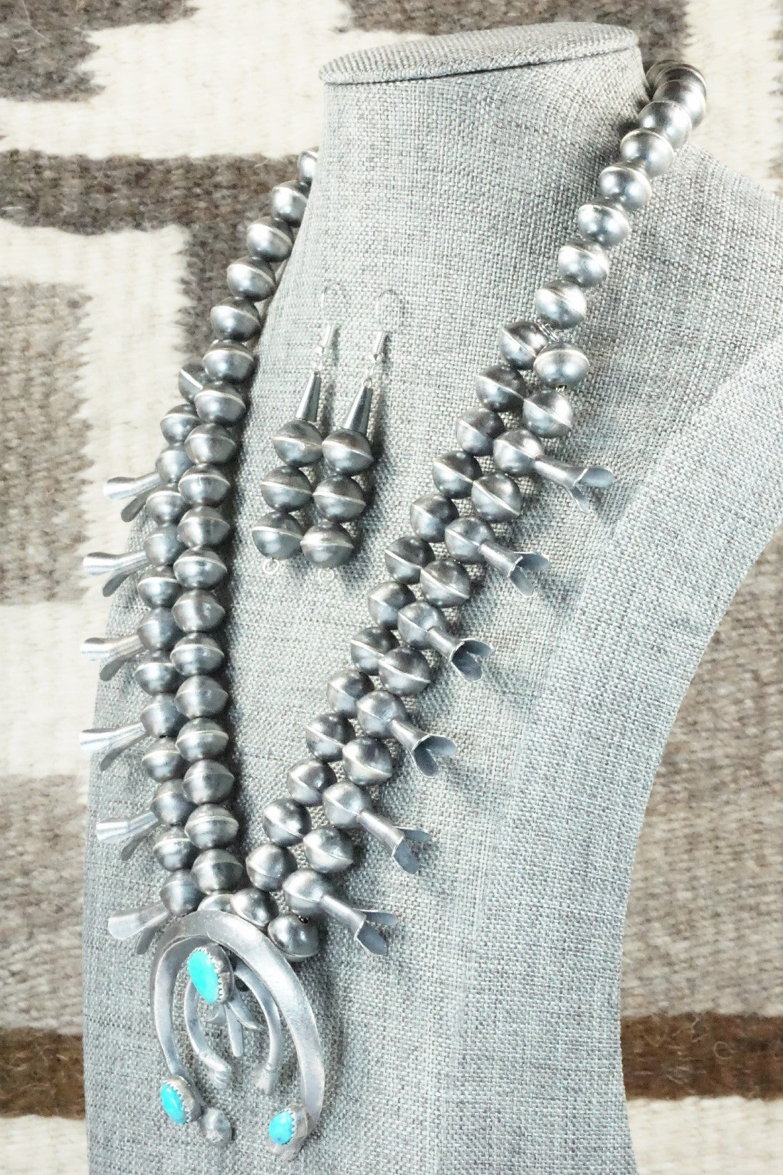 Turquoise & Sterling Silver Squash Blossom Necklace and Earrings - Gilbert Martin