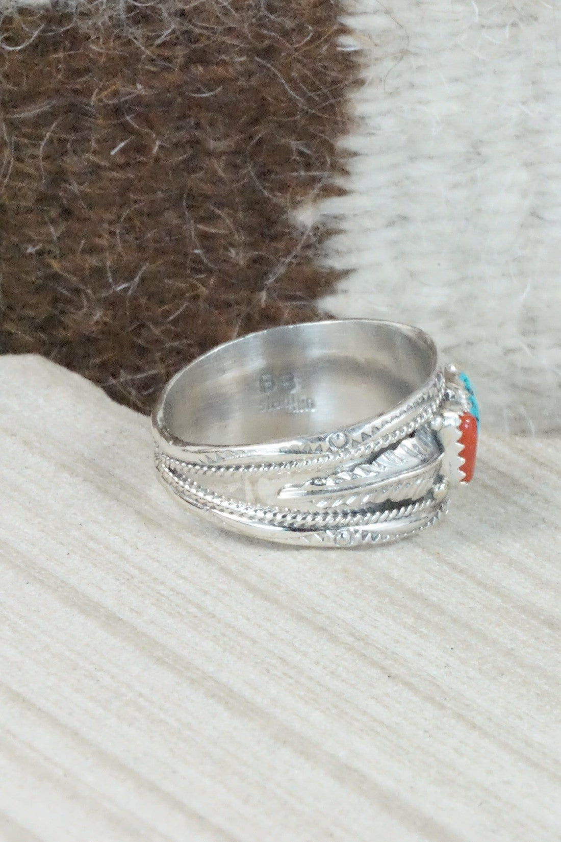 Turquoise, Coral & Sterling Silver Ring - Betty Begay - Size 14.25