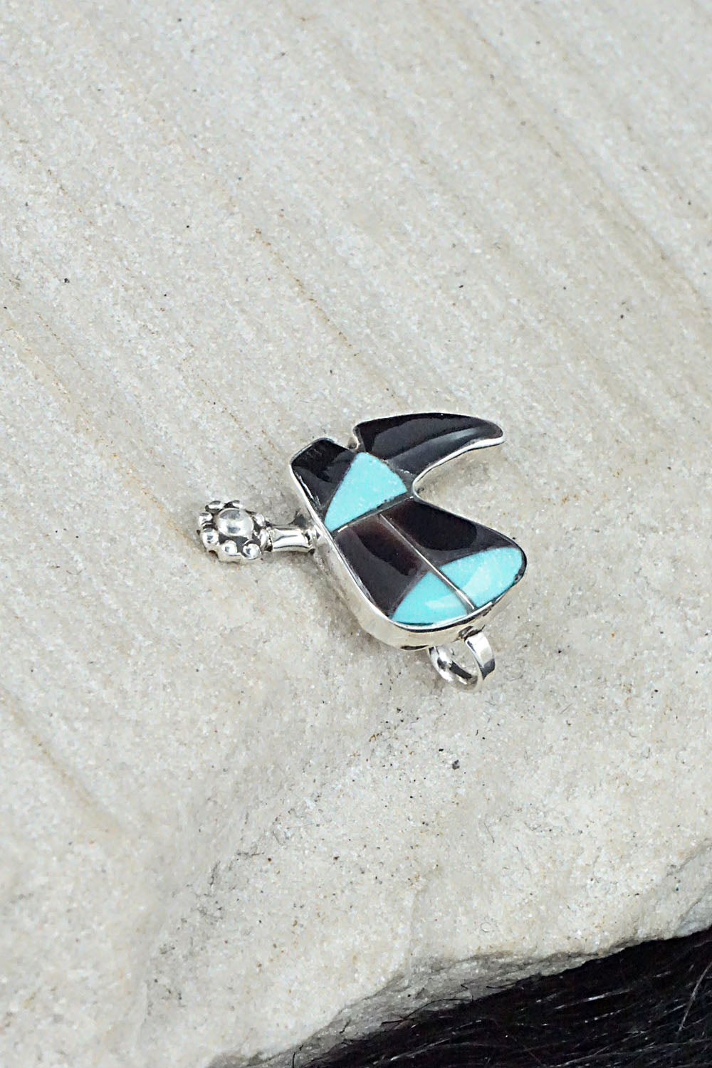 Turquoise, Onyx & Sterling Silver Pendant - Deanna Edaakie
