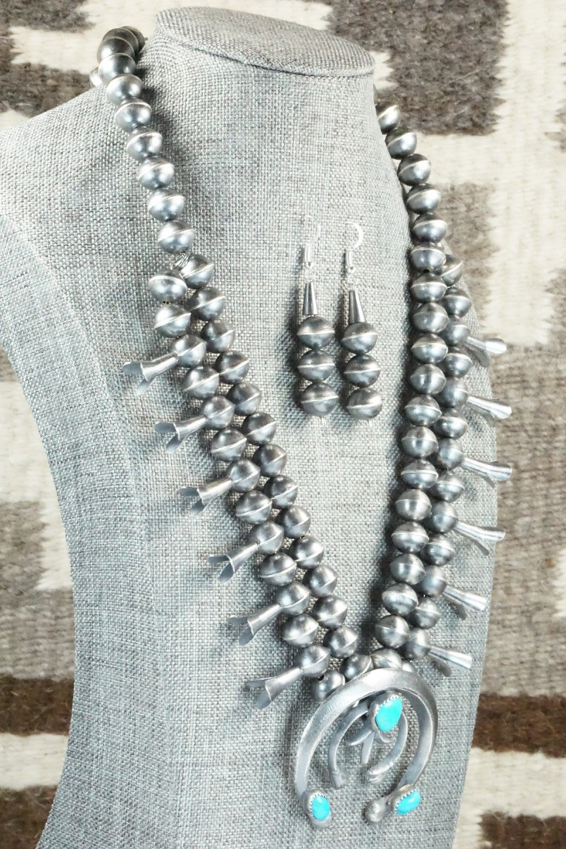 Turquoise & Sterling Silver Squash Blossom Necklace and Earrings - Gilbert Martin