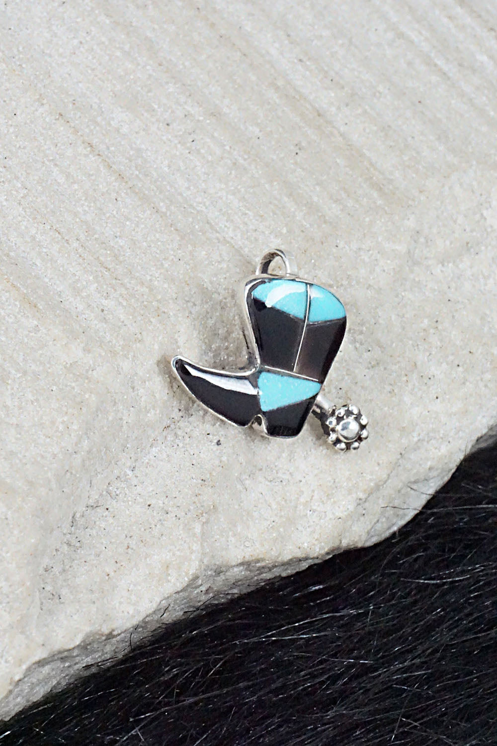 Turquoise, Onyx & Sterling Silver Pendant - Deanna Edaakie