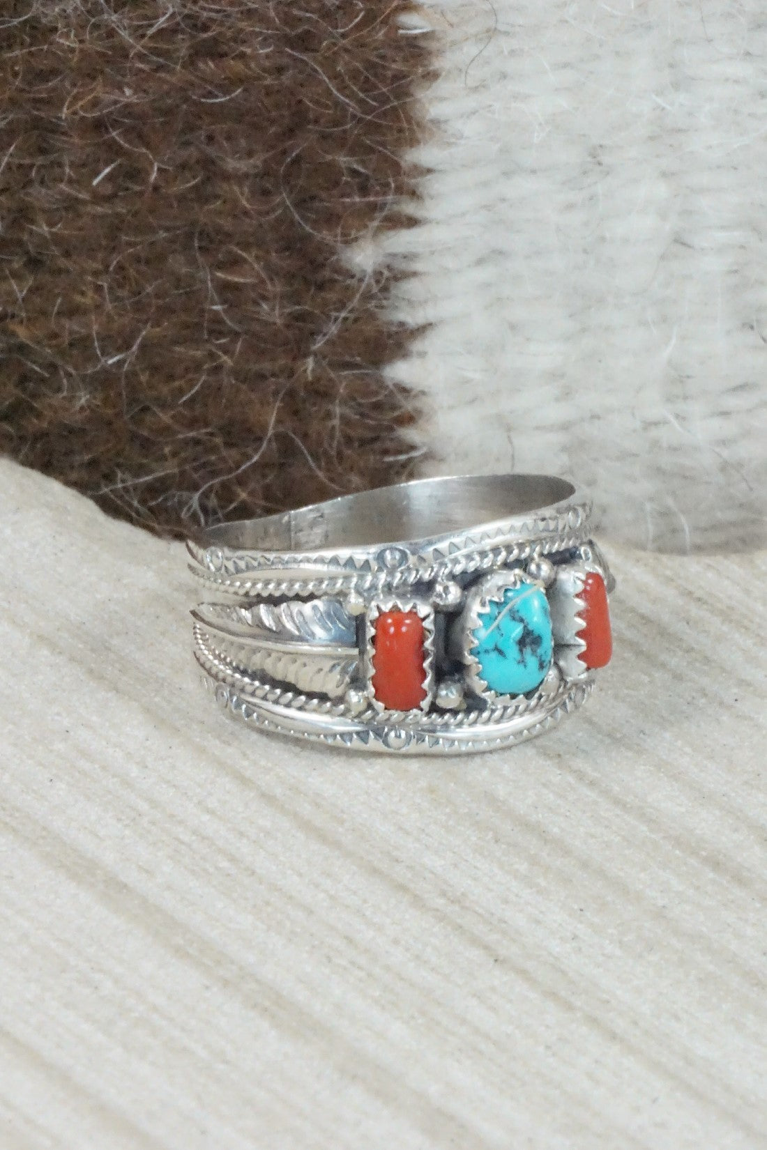 Turquoise, Coral & Sterling Silver Ring - Betty Begay - Size 14.25