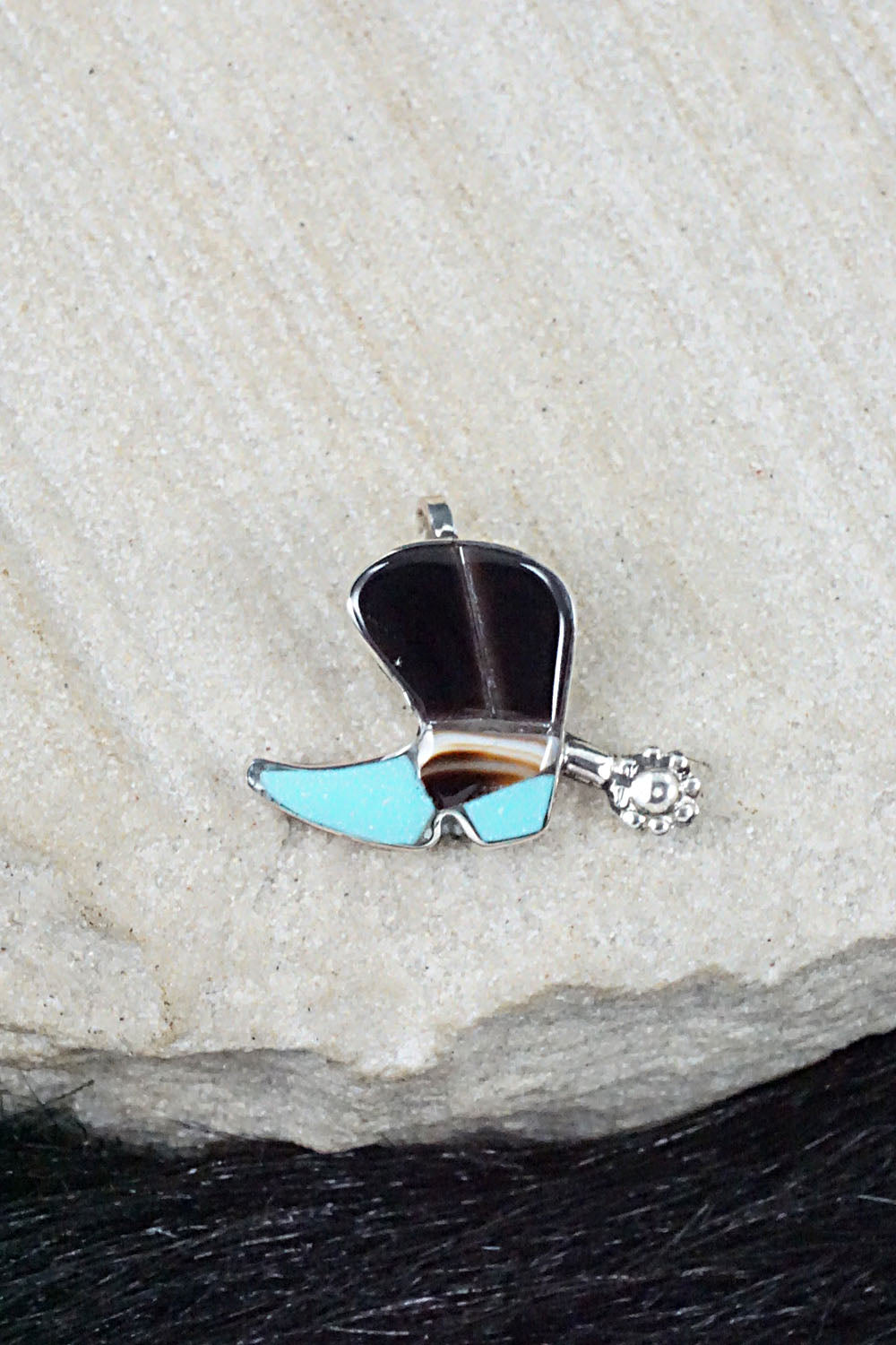 Turquoise, Shell, Onyx & Sterling Silver Pendant - Deanna Edaakie
