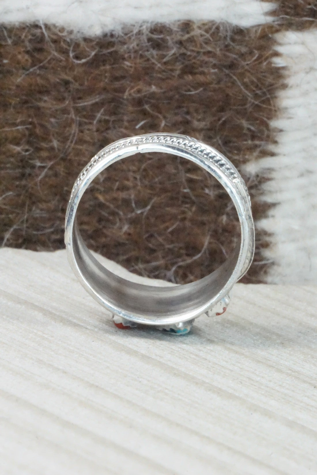 Turquoise, Coral & Sterling Silver Ring - Betty Begay - Size 14.25