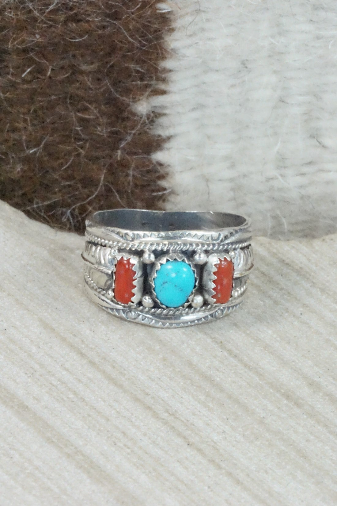 Turquoise, Coral & Sterling Silver Ring - Betty Begay - Size 12.25