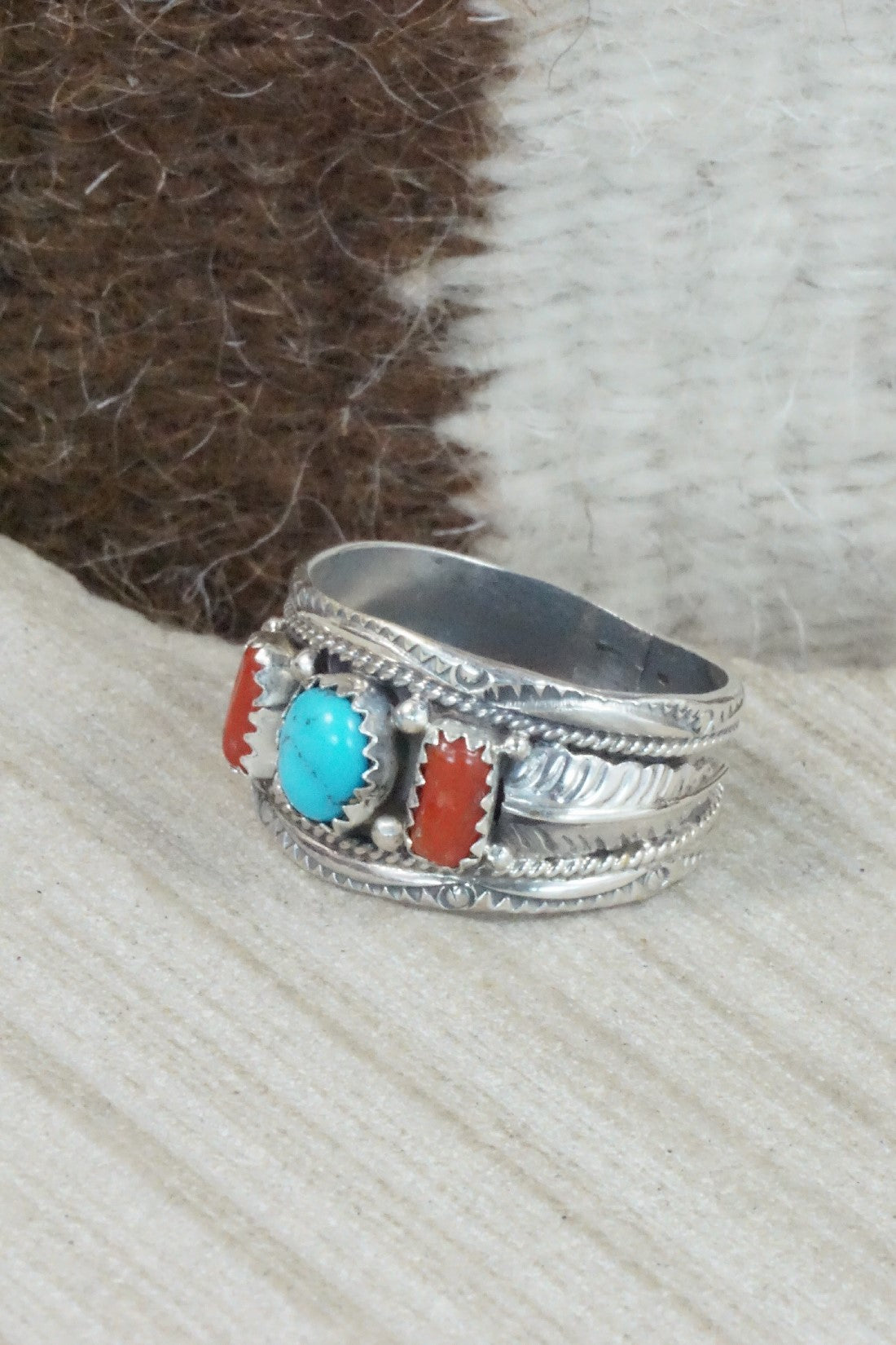 Turquoise, Coral & Sterling Silver Ring - Betty Begay - Size 12.5