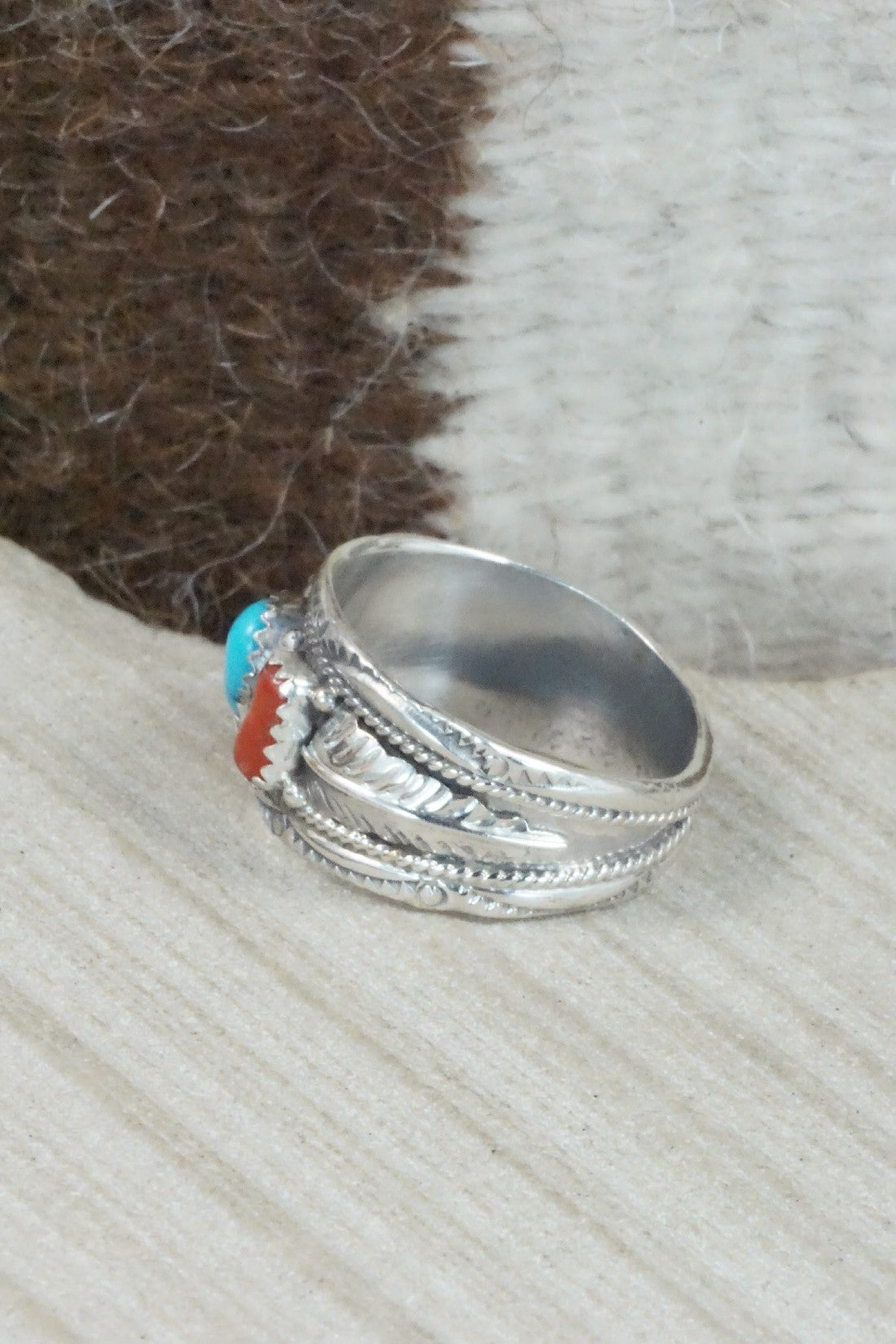 Turquoise, Coral & Sterling Silver Ring - Betty Begay - Size 12.5