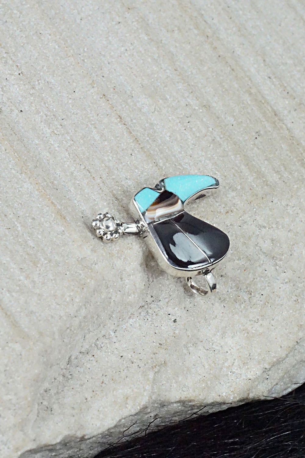 Turquoise, Shell, Onyx & Sterling Silver Pendant - Deanna Edaakie