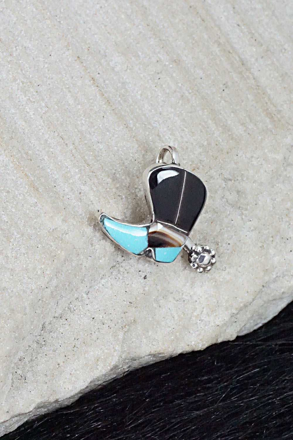 Turquoise, Shell, Onyx & Sterling Silver Pendant - Deanna Edaakie