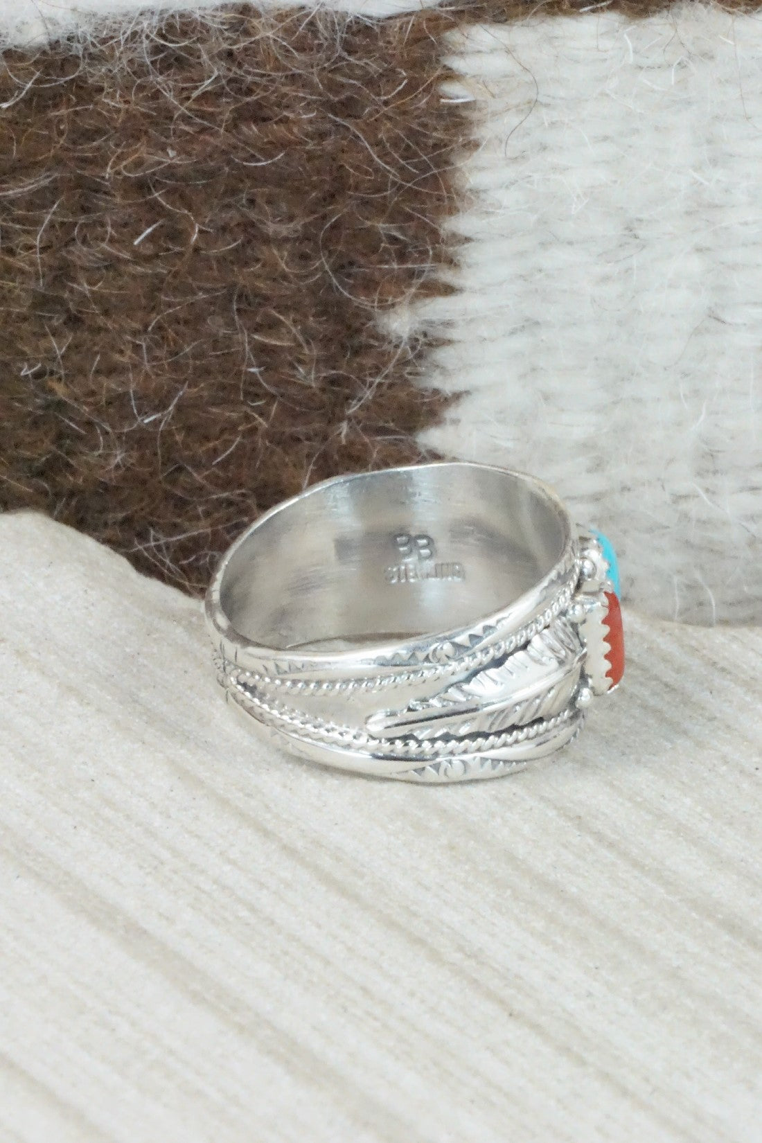 Turquoise, Coral & Sterling Silver Ring - Betty Begay - Size 12.5