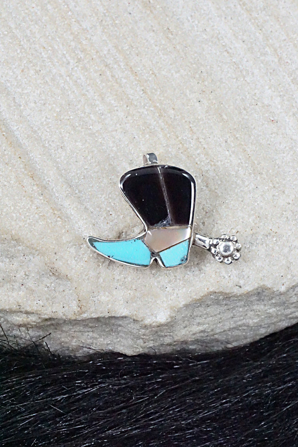Turquoise, Shell, Onyx & Sterling Silver Pendant - Deanna Edaakie